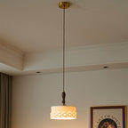Traditional Japanese Ceramic Brass Walnut Cylinder Conic Texture 1-Light Pendant Light For Dining Room