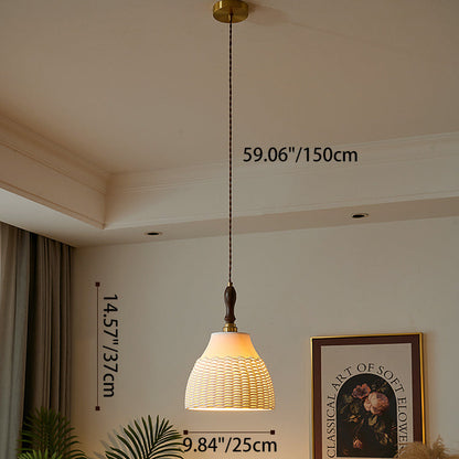 Traditional Japanese Ceramic Brass Walnut Cylinder Conic Texture 1-Light Pendant Light For Dining Room