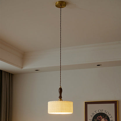 Traditional Japanese Ceramic Brass Walnut Cylinder Conic Texture 1-Light Pendant Light For Dining Room