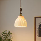 Traditional Japanese Ceramic Brass Walnut Cylinder Conic Texture 1-Light Pendant Light For Dining Room