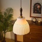 Traditional Japanese Ceramic Brass Walnut Cylinder Conic Texture 1-Light Pendant Light For Dining Room