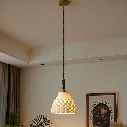 Traditional Japanese Ceramic Brass Walnut Cylinder Conic Texture 1-Light Pendant Light For Dining Room