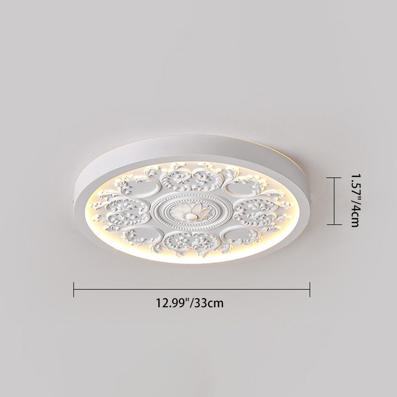Traditional French Resin Iron Acrylic Round Engraved Flower LED Flush Mount Ceiling Light for Bedroom