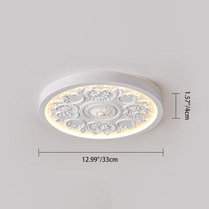 Traditional French Resin Iron Acrylic Round Engraved Flower LED Flush Mount Ceiling Light for Bedroom