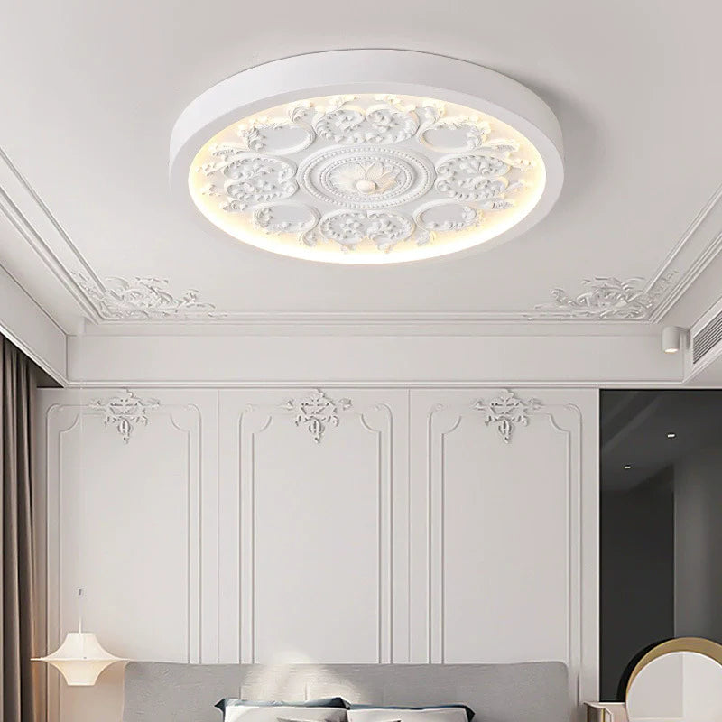 Traditional French Resin Iron Acrylic Round Engraved Flower LED Flush Mount Ceiling Light for Bedroom
