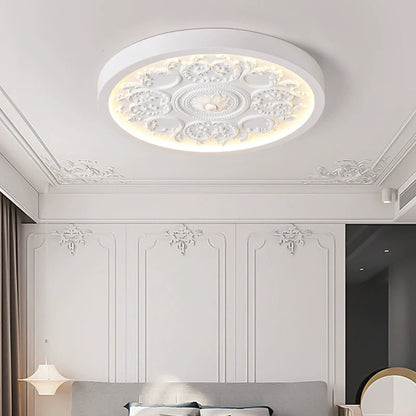 Traditional French Resin Iron Acrylic Round Engraved Flower LED Flush Mount Ceiling Light for Bedroom