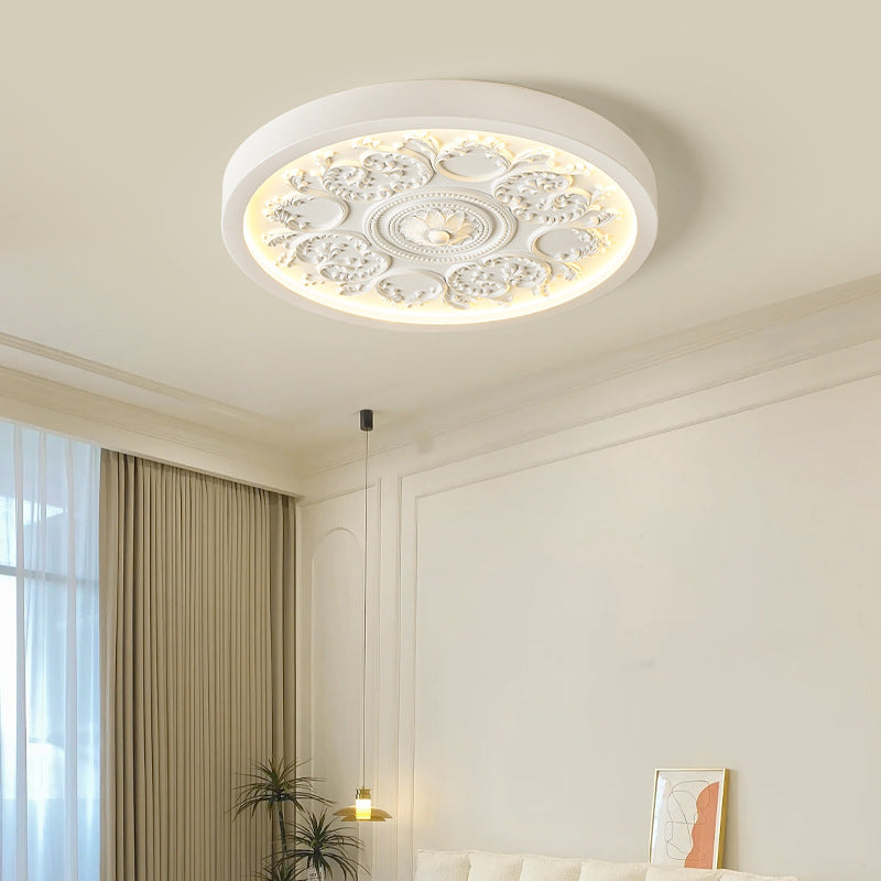 Traditional French Resin Iron Acrylic Round Engraved Flower LED Flush Mount Ceiling Light for Bedroom