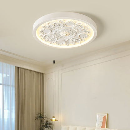 Traditional French Resin Iron Acrylic Round Engraved Flower LED Flush Mount Ceiling Light for Bedroom
