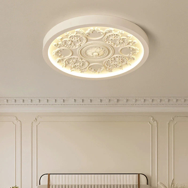 Traditional French Resin Iron Acrylic Round Engraved Flower LED Flush Mount Ceiling Light for Bedroom