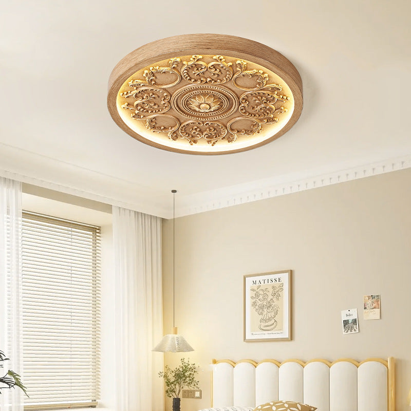 Traditional French Resin Iron Acrylic Round Engraved Flower LED Flush Mount Ceiling Light for Bedroom