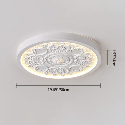Traditional French Resin Iron Acrylic Round Engraved Flower LED Flush Mount Ceiling Light for Bedroom