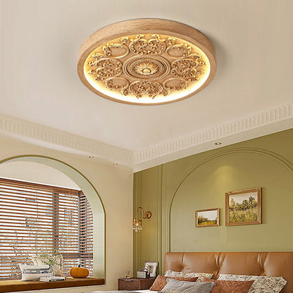 Traditional French Resin Iron Acrylic Round Engraved Flower LED Flush Mount Ceiling Light for Bedroom