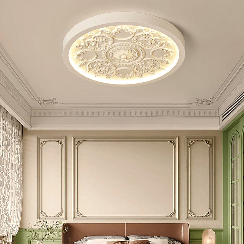 Traditional French Resin Iron Acrylic Round Engraved Flower LED Flush Mount Ceiling Light for Bedroom