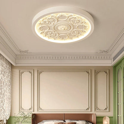 Traditional French Resin Iron Acrylic Round Engraved Flower LED Flush Mount Ceiling Light for Bedroom