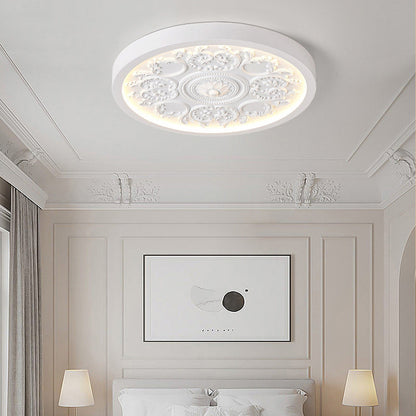 Traditional French Resin Iron Acrylic Round Engraved Flower LED Flush Mount Ceiling Light for Bedroom