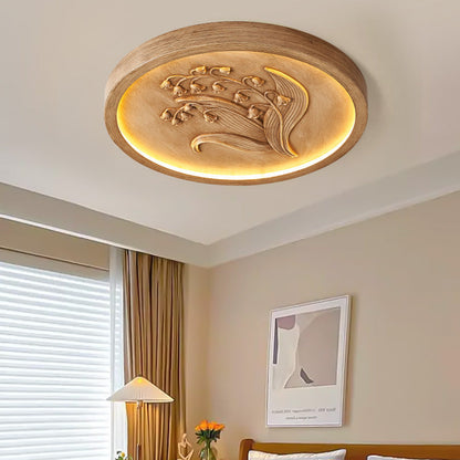 Traditional French Resin Iron Acrylic Round Engraved Suzuran LED Flush Mount Ceiling Light for Bedroom