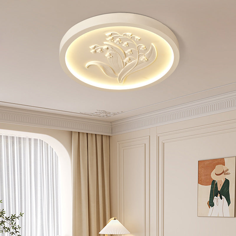 Traditional French Resin Iron Acrylic Round Engraved Suzuran LED Flush Mount Ceiling Light for Bedroom