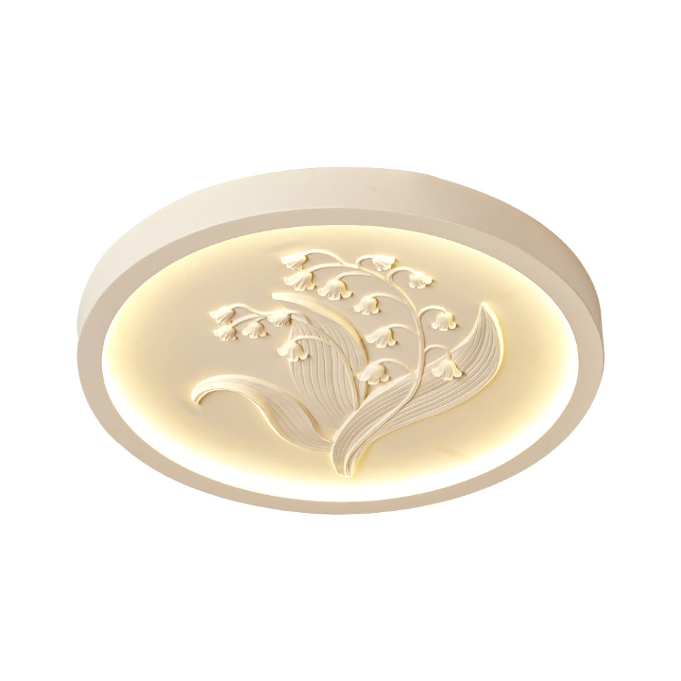 Traditional French Resin Iron Acrylic Round Engraved Suzuran LED Flush Mount Ceiling Light for Bedroom