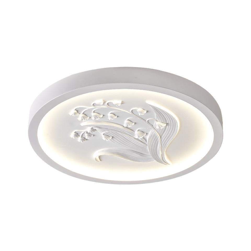 Traditional French Resin Iron Acrylic Round Engraved Suzuran LED Flush Mount Ceiling Light for Bedroom