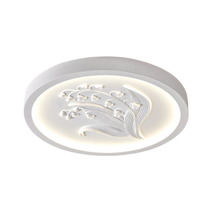 Traditional French Resin Iron Acrylic Round Engraved Suzuran LED Flush Mount Ceiling Light for Bedroom