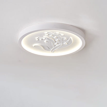 Traditional French Resin Iron Acrylic Round Engraved Suzuran LED Flush Mount Ceiling Light for Bedroom