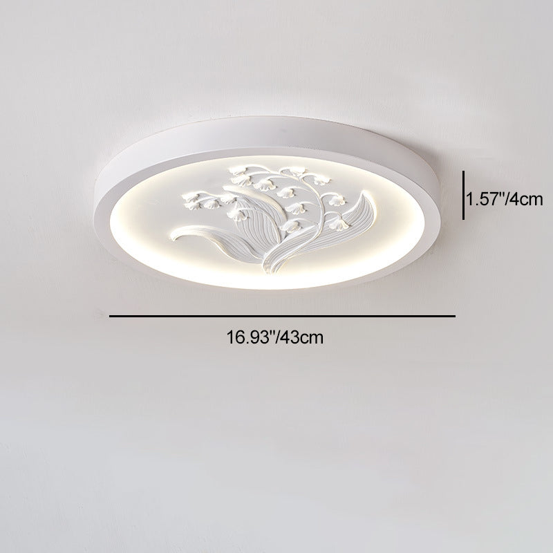 Traditional French Resin Iron Acrylic Round Engraved Suzuran LED Flush Mount Ceiling Light for Bedroom