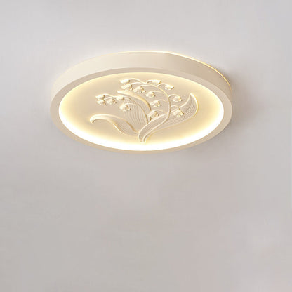 Traditional French Resin Iron Acrylic Round Engraved Suzuran LED Flush Mount Ceiling Light for Bedroom