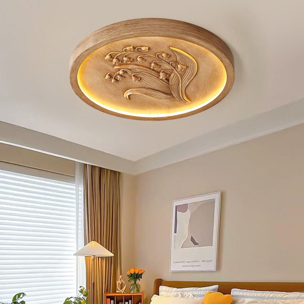 Traditional French Resin Iron Acrylic Round Engraved Suzuran LED Flush Mount Ceiling Light for Bedroom