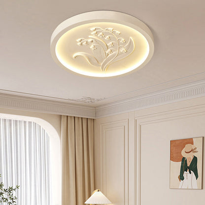 Traditional French Resin Iron Acrylic Round Engraved Suzuran LED Flush Mount Ceiling Light for Bedroom