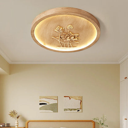 Traditional Chinese Resin Iron Acrylic Round Engraved Lotus Flower LED Flush Mount Ceiling Light For Bedroom
