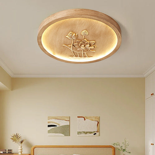 Traditional Chinese Resin Iron Acrylic Round Engraved Lotus Flower LED Flush Mount Ceiling Light For Bedroom