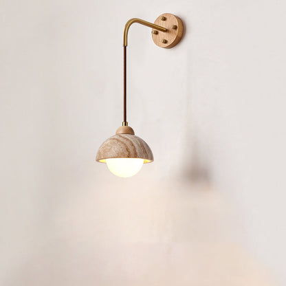 Traditional Japanese Travertine Wood Cylinder Conic Bowl Pull Switch 1-Light Wall Sconce Lamp For Bedside