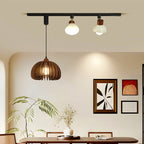 Contemporary Retro Rubber Wood Basswood Iron PVC Conic Bowl Pumpkin 3-Light Pendant Light Track Lighting For Dining Room