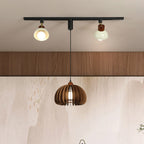Contemporary Retro Rubber Wood Basswood Iron PVC Conic Bowl Pumpkin 3-Light Pendant Light Track Lighting For Dining Room
