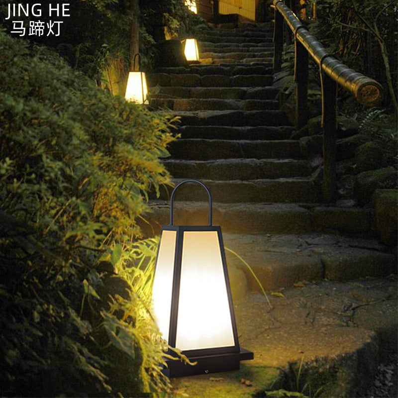 Traditional Japanese Solar Waterproof Stainless Steel Acrylic Trapezoidal Honeycombed Lantern LED Outdoor Light Landscape Lighting For Garden Lumendat