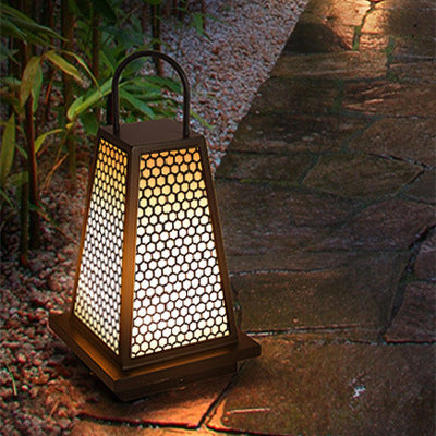 Traditional Japanese Solar Waterproof Stainless Steel Acrylic Trapezoidal Honeycombed Lantern LED Outdoor Light Landscape Lighting For Garden Lumendat