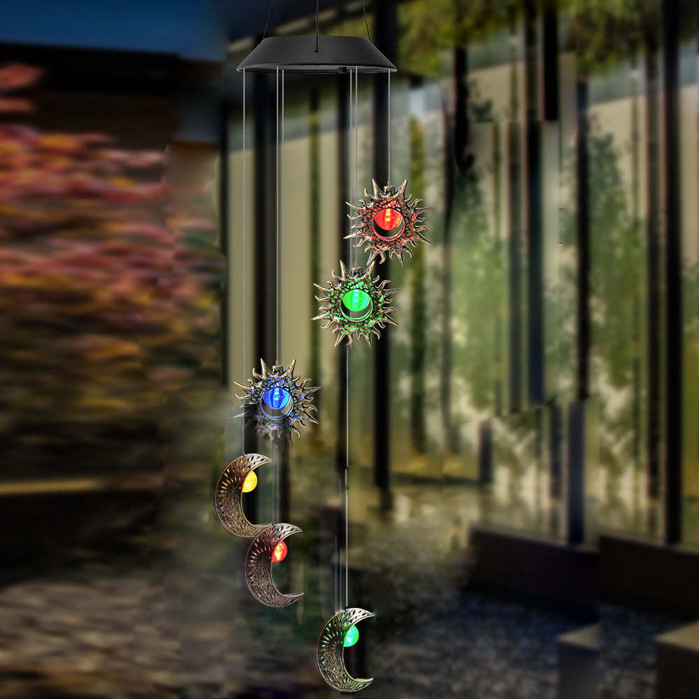 Contemporary Boho Solar Waterproof ABS Metal Moon Sun Star Decoration Wind Chime Hanging LED Outdoor Light Landscape Lighting For Outdoor Patio Lumendat
