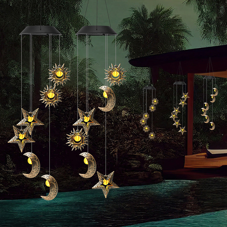 Contemporary Boho Solar Waterproof ABS Metal Moon Sun Star Decoration Wind Chime Hanging LED Outdoor Light Landscape Lighting For Outdoor Patio Lumendat