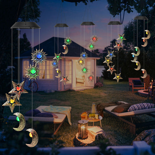 Contemporary Boho Solar Waterproof ABS Metal Moon Sun Star Decoration Wind Chime Hanging LED Outdoor Light Landscape Lighting For Outdoor Patio Lumendat