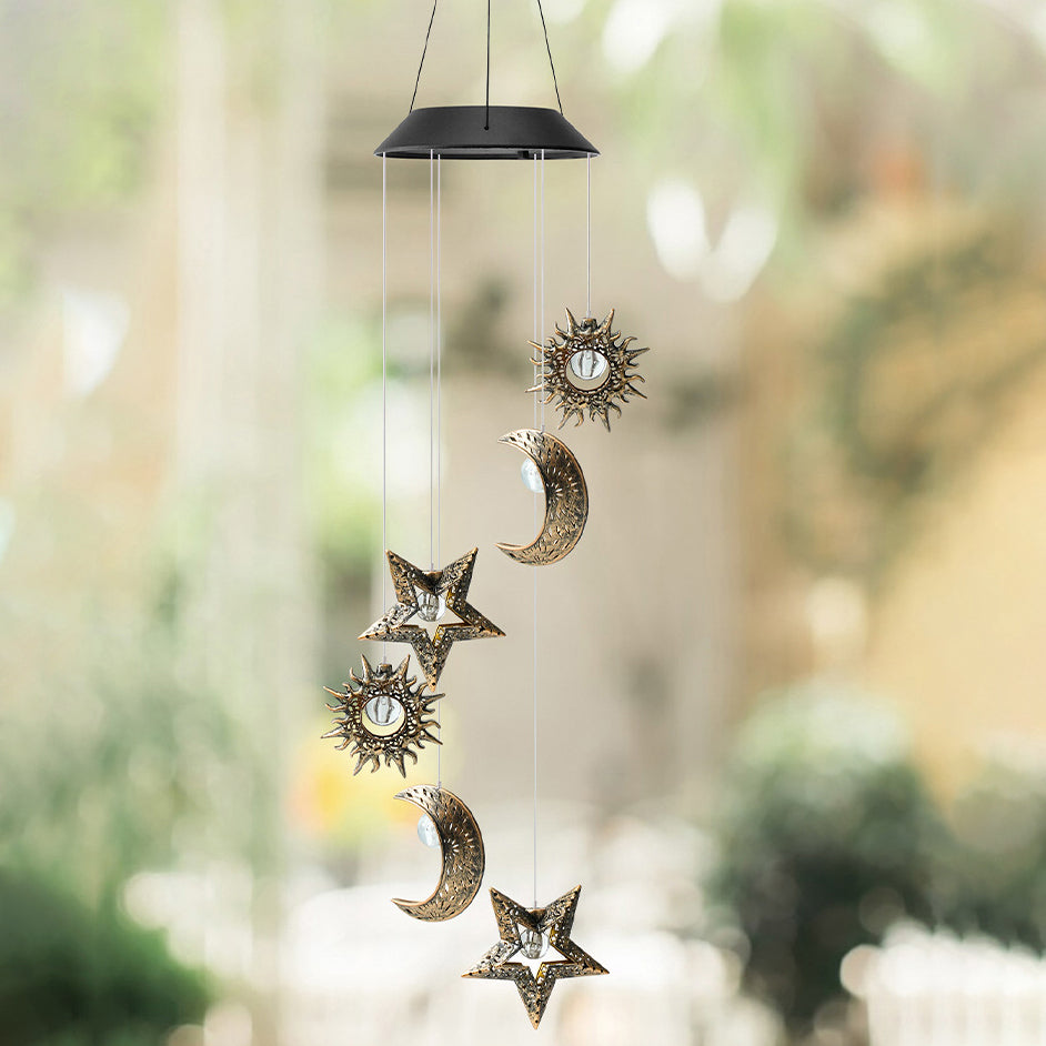 Contemporary Boho Solar Waterproof ABS Metal Moon Sun Star Decoration Wind Chime Hanging LED Outdoor Light Landscape Lighting For Outdoor Patio Lumendat