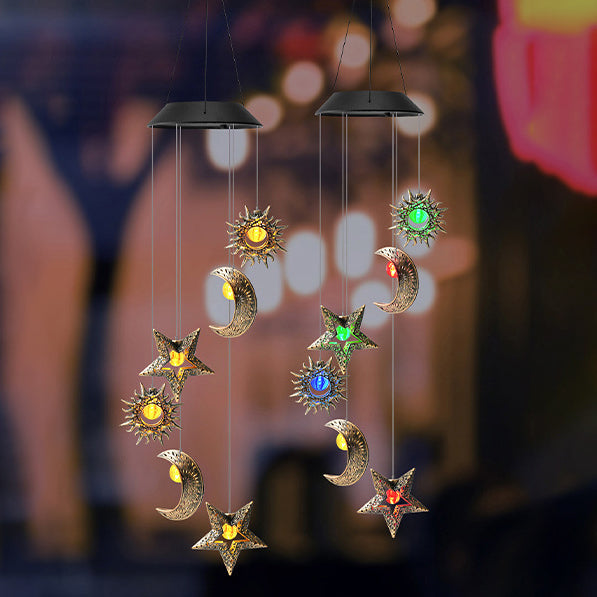Contemporary Boho Solar Waterproof ABS Metal Moon Sun Star Decoration Wind Chime Hanging LED Outdoor Light Landscape Lighting For Outdoor Patio Lumendat