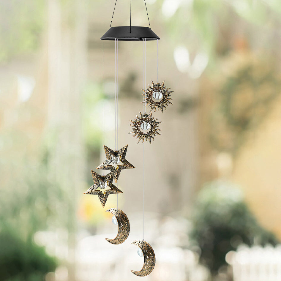 Contemporary Boho Solar Waterproof ABS Metal Moon Sun Star Decoration Wind Chime Hanging LED Outdoor Light Landscape Lighting For Outdoor Patio Lumendat
