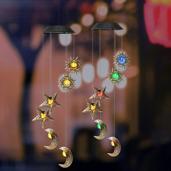 Contemporary Boho Solar Waterproof ABS Metal Moon Sun Star Decoration Wind Chime Hanging LED Outdoor Light Landscape Lighting For Outdoor Patio Lumendat