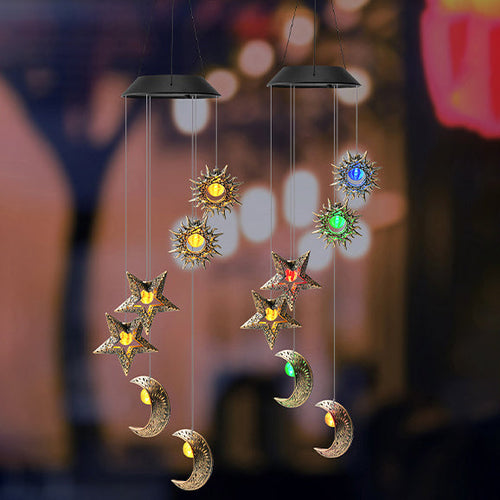 Contemporary Boho Solar Waterproof ABS Metal Moon Sun Star Decoration Wind Chime Hanging LED Outdoor Light Landscape Lighting For Outdoor Patio Lumendat