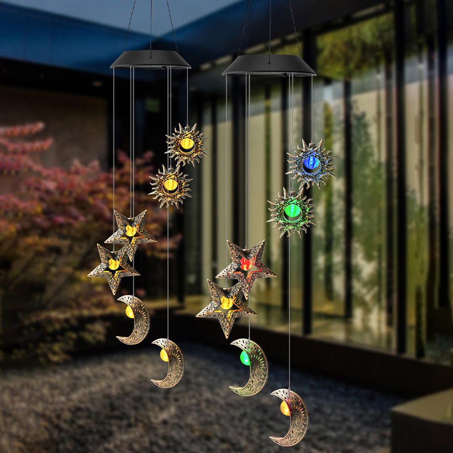 Contemporary Boho Solar Waterproof ABS Metal Moon Sun Star Decoration Wind Chime Hanging LED Outdoor Light Landscape Lighting For Outdoor Patio Lumendat