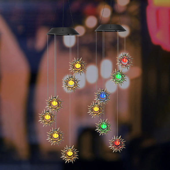 Contemporary Boho Solar Waterproof ABS Metal Moon Sun Star Decoration Wind Chime Hanging LED Outdoor Light Landscape Lighting For Outdoor Patio Lumendat