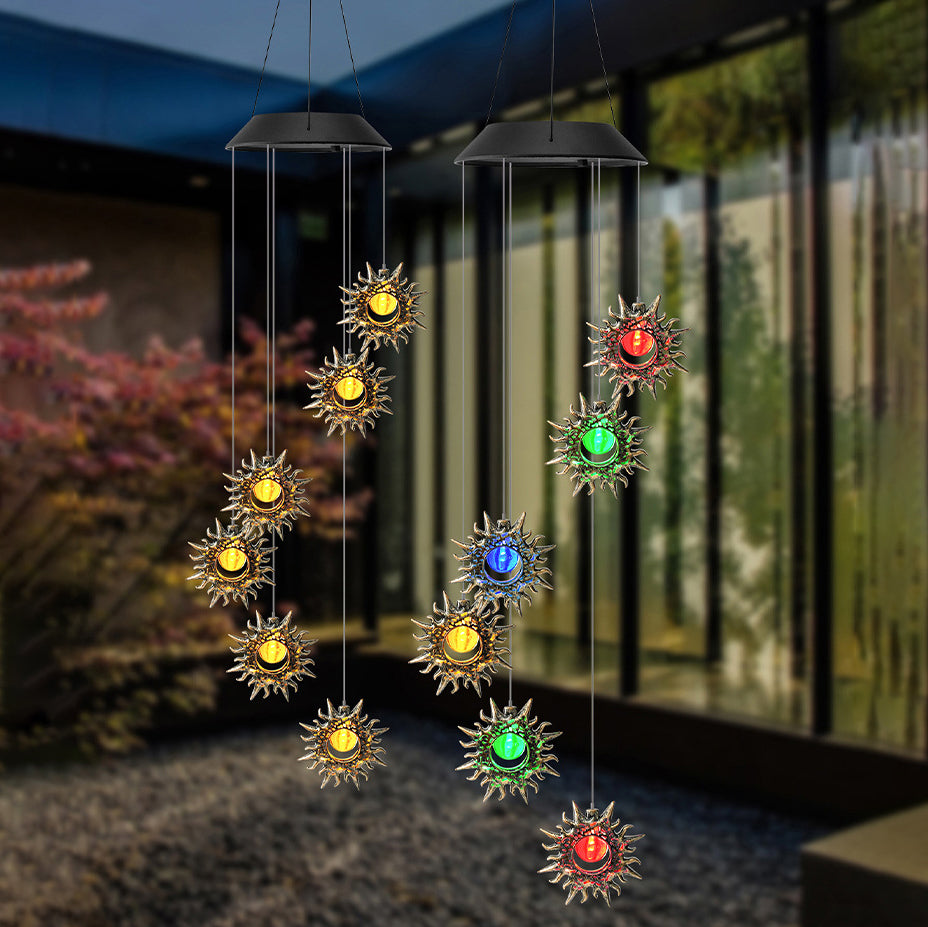 Contemporary Boho Solar Waterproof ABS Metal Moon Sun Star Decoration Wind Chime Hanging LED Outdoor Light Landscape Lighting For Outdoor Patio Lumendat