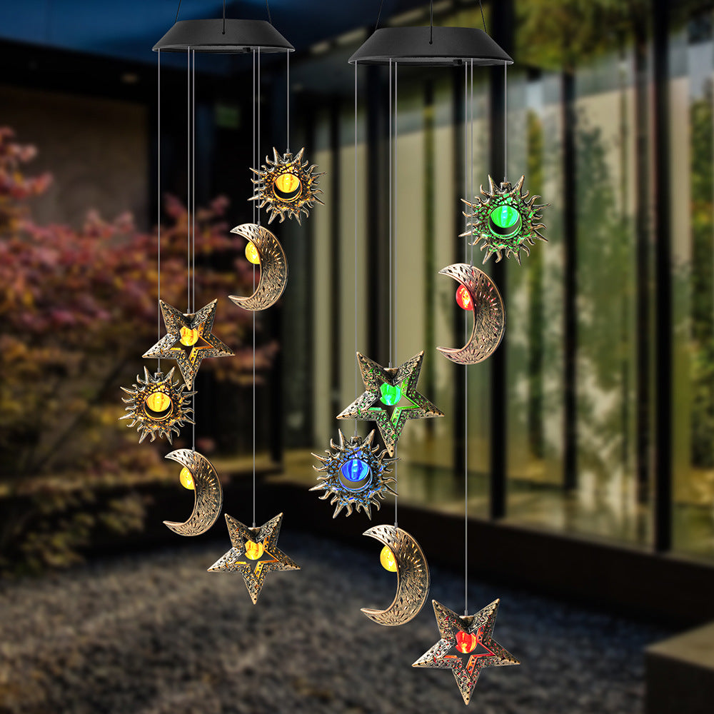 Contemporary Boho Solar Waterproof ABS Metal Moon Sun Star Decoration Wind Chime Hanging LED Outdoor Light Landscape Lighting For Outdoor Patio Lumendat