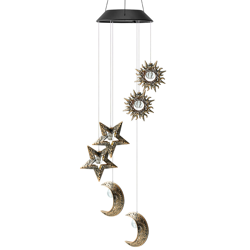 Contemporary Boho Solar Waterproof ABS Metal Moon Sun Star Decoration Wind Chime Hanging LED Outdoor Light Landscape Lighting For Outdoor Patio Lumendat
