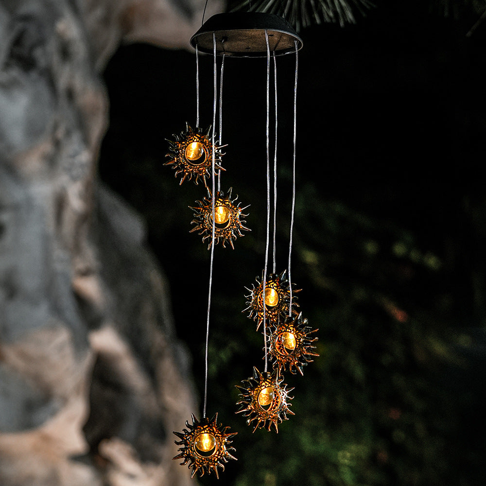 Contemporary Boho Solar Waterproof ABS Metal Moon Sun Star Decoration Wind Chime Hanging LED Outdoor Light Landscape Lighting For Outdoor Patio Lumendat